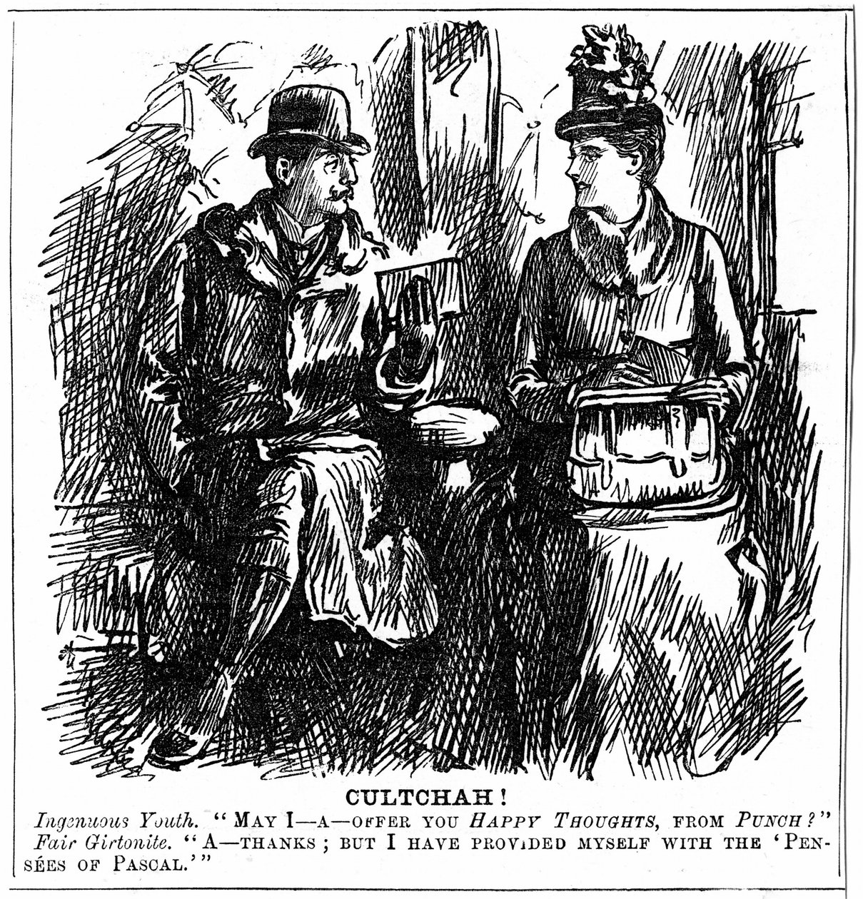 Yliopistokoulutuksen edut naisille. George du Maurier sarjakuva Punch Londonista 8. joulukuuta 1887. Nuori mies junavaunussa tarjoaa Cambridgen Girtonin valmistuneelle kevyttä luettavaa matkaa varten. Hän kieltäytyy sulavasti, koska hän on varustanut hänet tekijältä George du Maurier