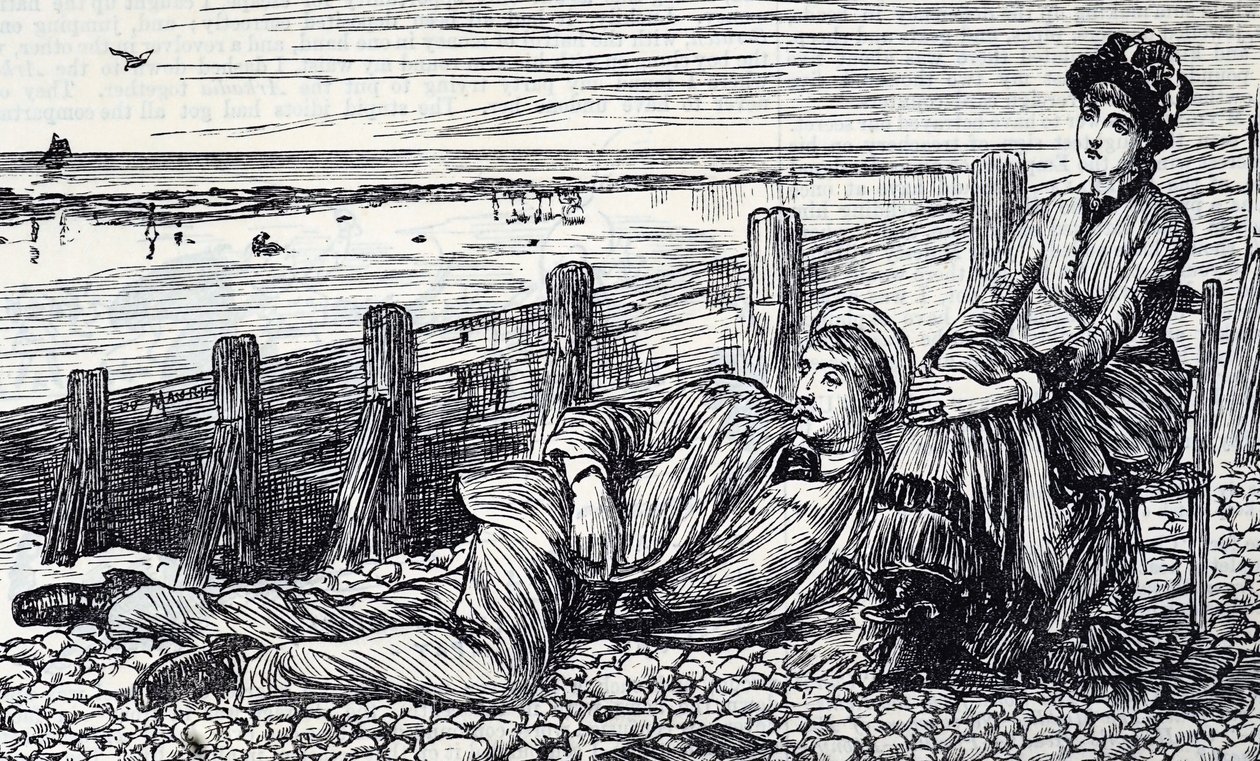 Sarjakuva, joka kuvaa pariskuntaa nauttimassa häämatkastaan pikkukivirannalla tekijältä George du Maurier