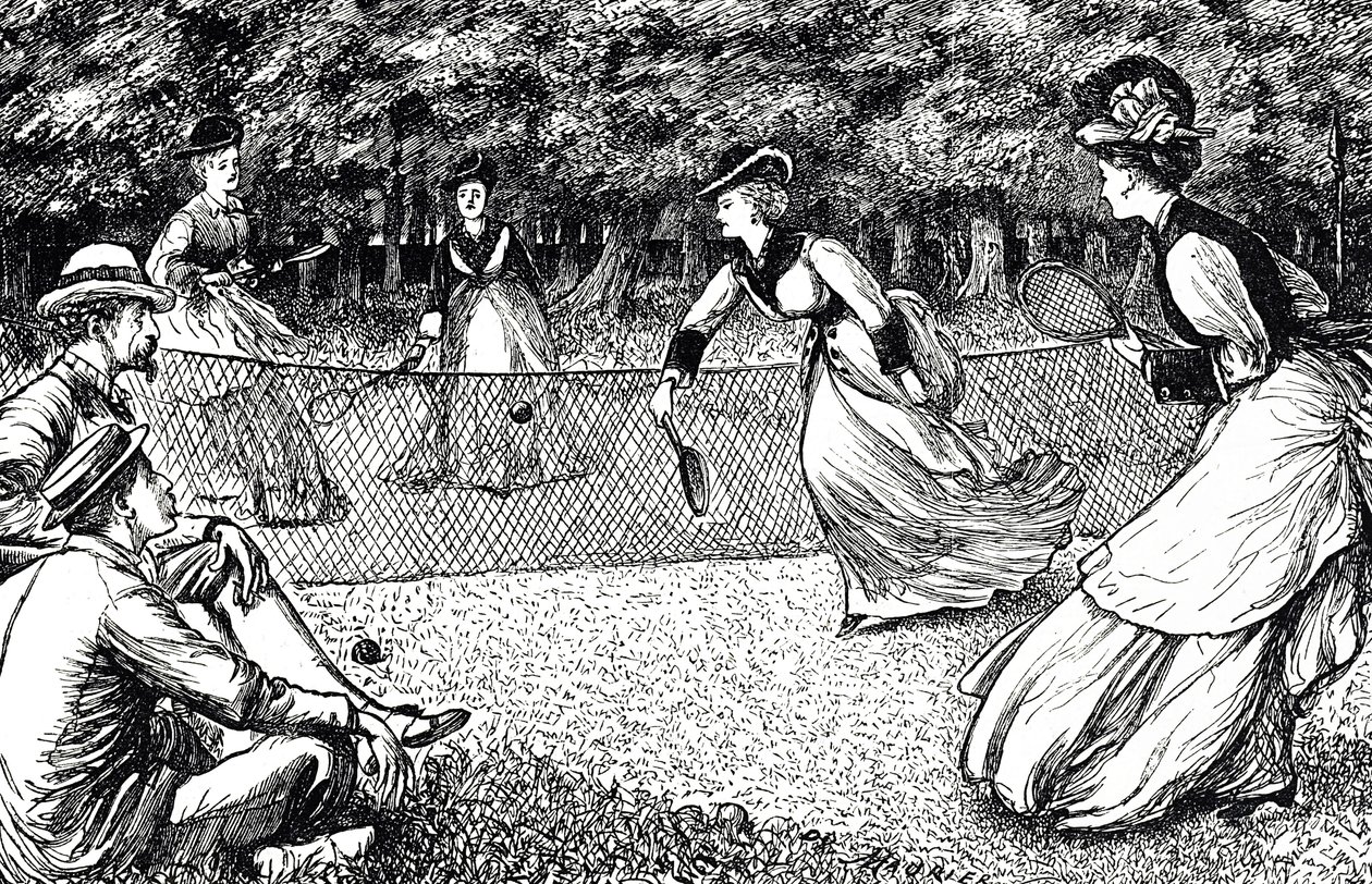 Sarjakuva, joka kuvaa nurmikon tennistä tekijältä George du Maurier