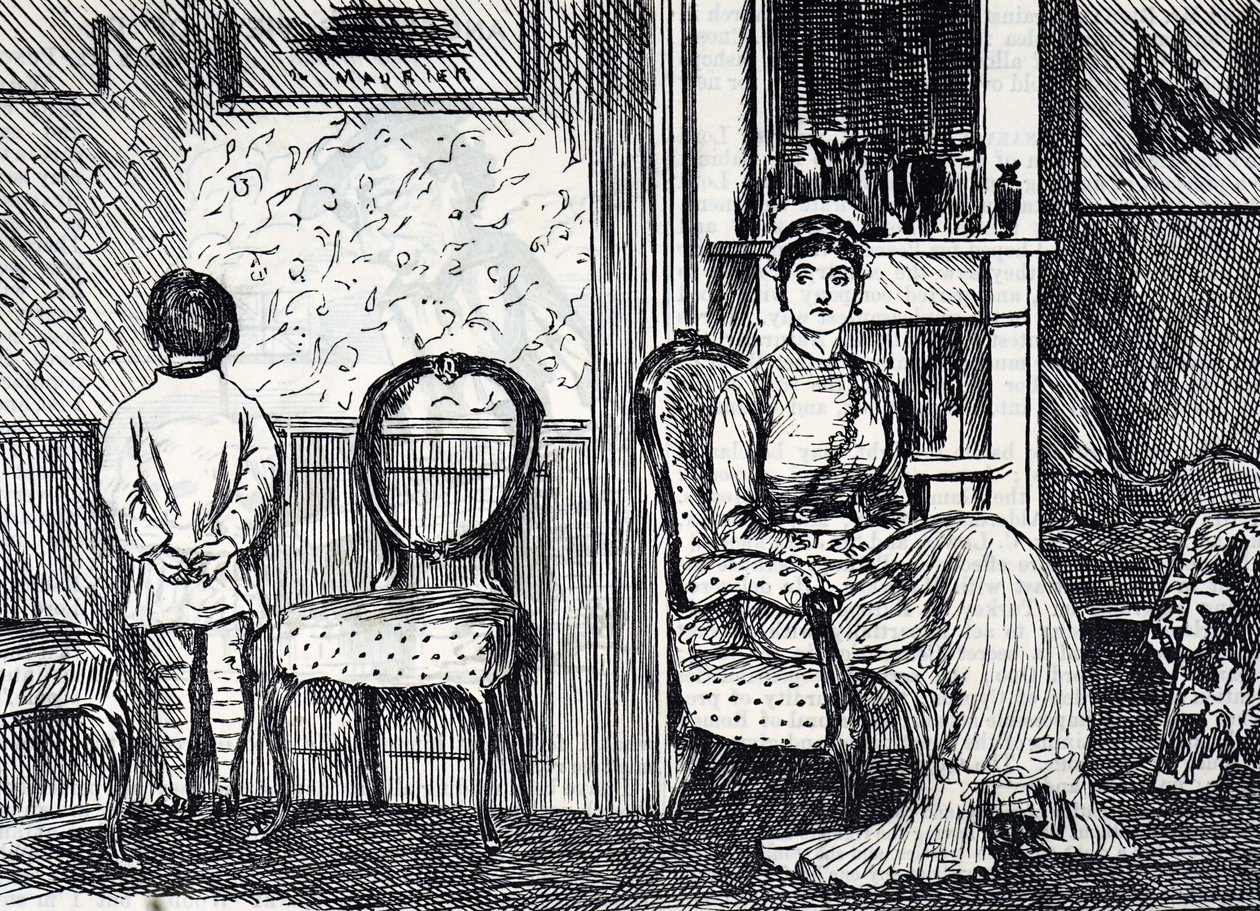 Sarjakuva, jossa äiti rankaisee poikaansa saattamalla tämän seisomaan seinää vasten tekijältä George du Maurier