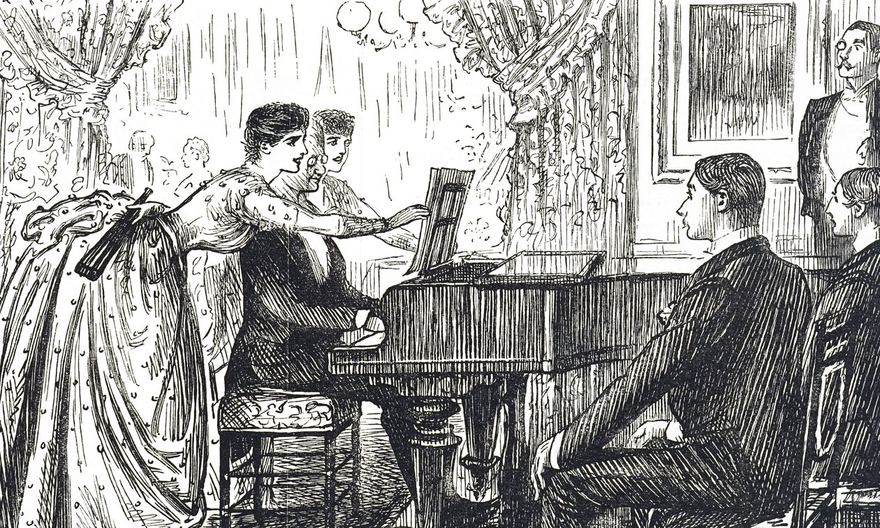 Sarjakuva, joka kuvaa musiikki-iltaa kotona tekijältä George du Maurier