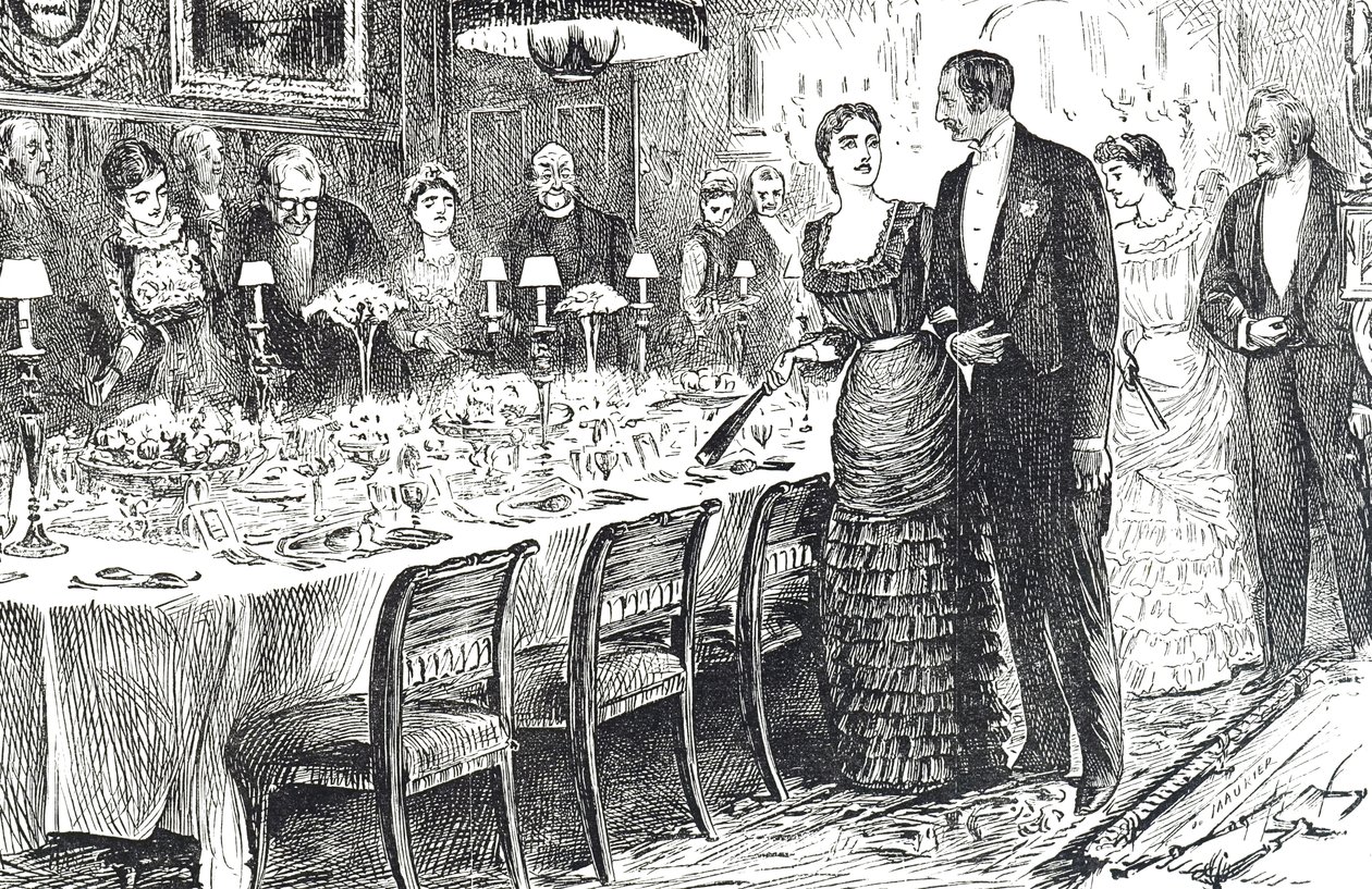 Sarjakuva "Going into Dinner" kuvaa nuorta paria saapumassa ruokasaliin tekijältä George du Maurier