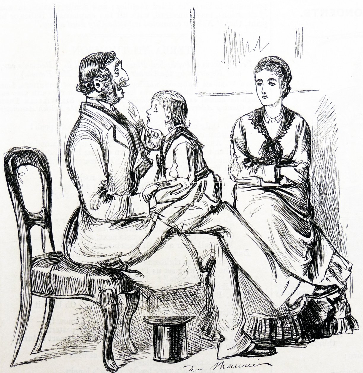Lapsi kiehtoo tekohampaiden korjaamiseen käytettävää kumia tekijältä George du Maurier