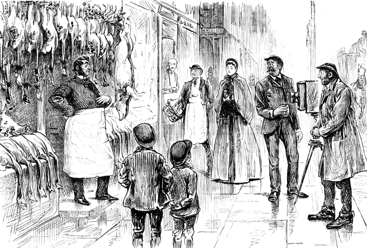 Kaiverrus, joka kuvaa teurastajaa ja siipikarjaa, jota George du Maurier valokuvasi joulunäytöstään. George du Maurier (1834-1896) oli ranskalais-brittiläinen sarjakuvapiirtäjä ja kirjailija. Päivämäärä 1800-luvulta ©UIG/Leemage tekijältä George du Maurier