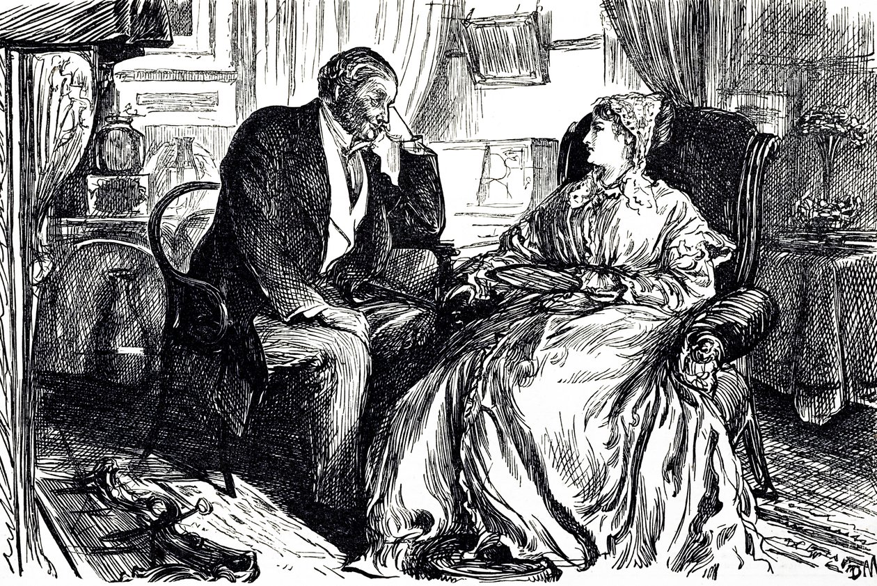 Georges du Maurierin sarjakuva, joka kuvaa miehen ja naisen keskustelua kalanmaksaöljyn rauhoittavista eduista. Englanti 1869 tekijältä George du Maurier