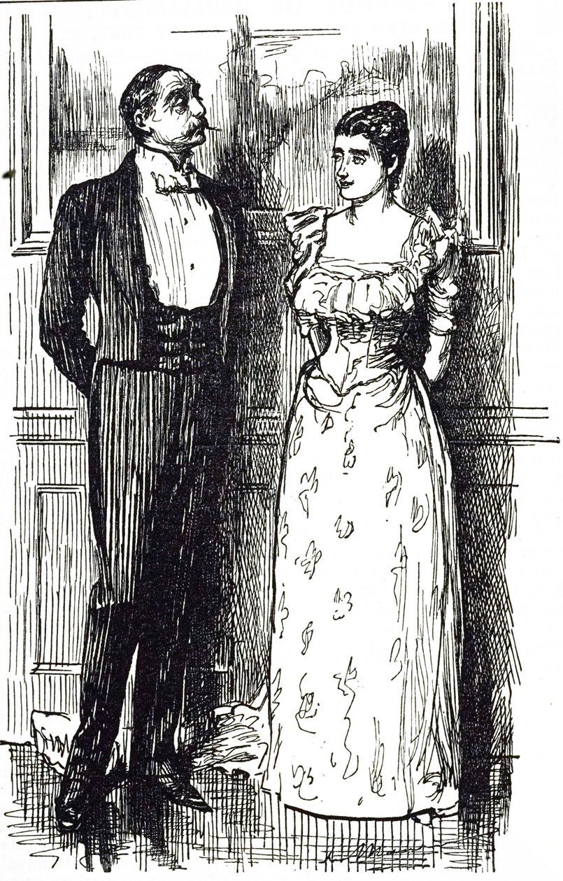 Georges du Maurierin sarjakuva, joka kuvaa miehen ja naisen keskustelua seuratapahtumassa, Englannissa 1891 tekijältä George du Maurier