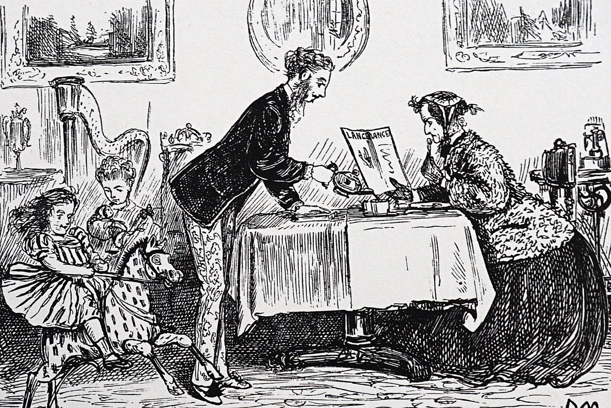 Vuonna 1865 Elizabeth Garrett Anderson sai lisenssin harjoittaa lääketiedettä ensimmäisenä naislääkärinä tekijältä George du Maurier