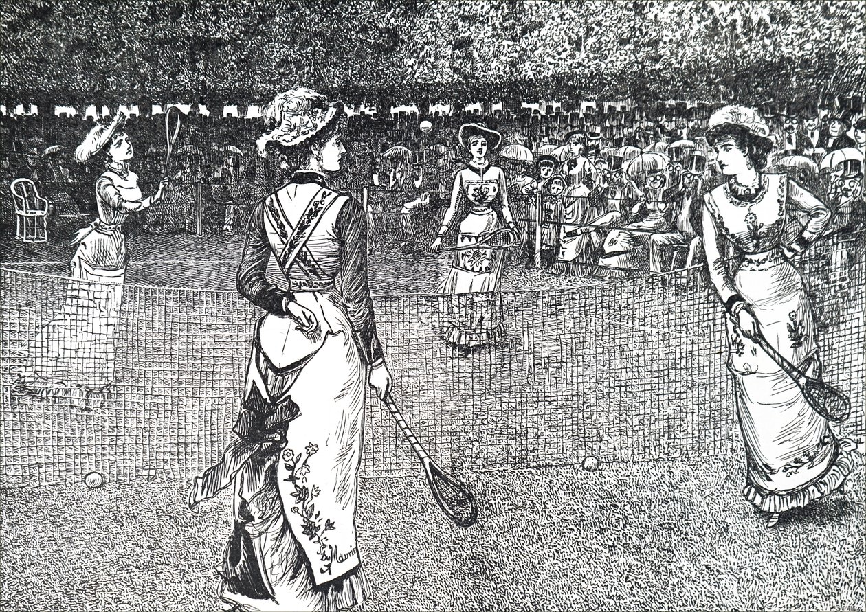 Naiset pelaamassa nurmikon tennistä. tekijältä George du Maurier