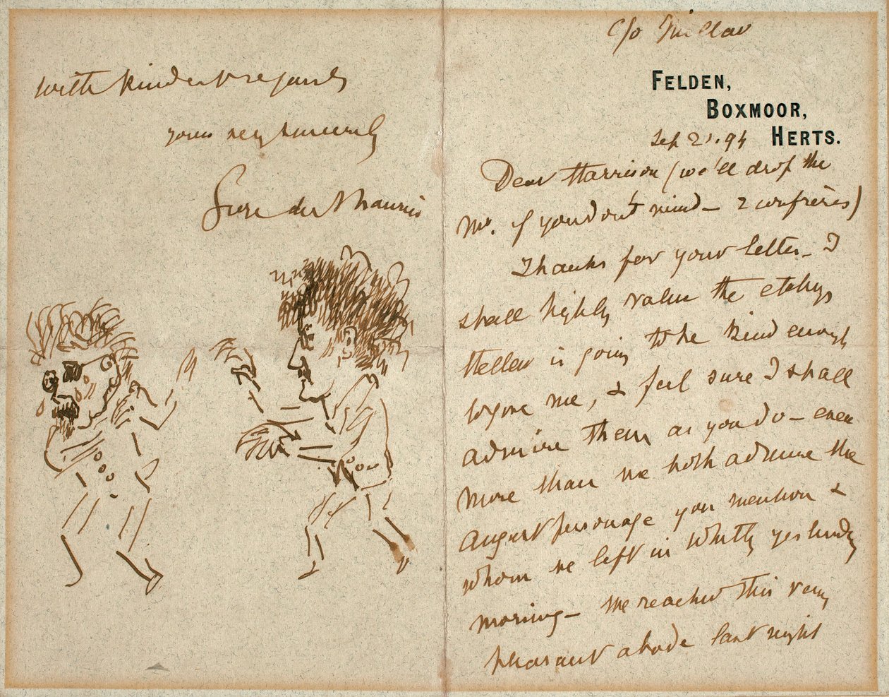 Kirje, jossa on piirros Whistleristä uhkailemassa Du Maurieria. tekijältä George du Maurier