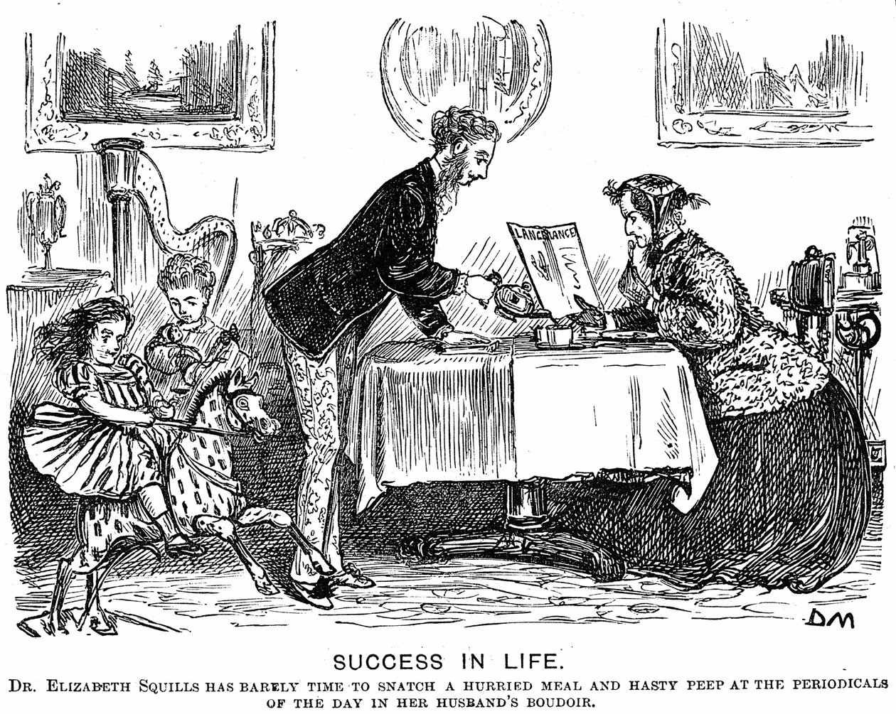 Menestys elämässä: Roolin kääntyminen ja moderni ammattinainen. George du Maurier sarjakuva Punch Almanackille vuodelle 1867. Vuonna 1865 Elizabeth Garrett Anderson (1836-1917) sai Apothecaries-yhdistyksen lisenssin harjoittaa toimintaansa. tekijältä George du Maurier