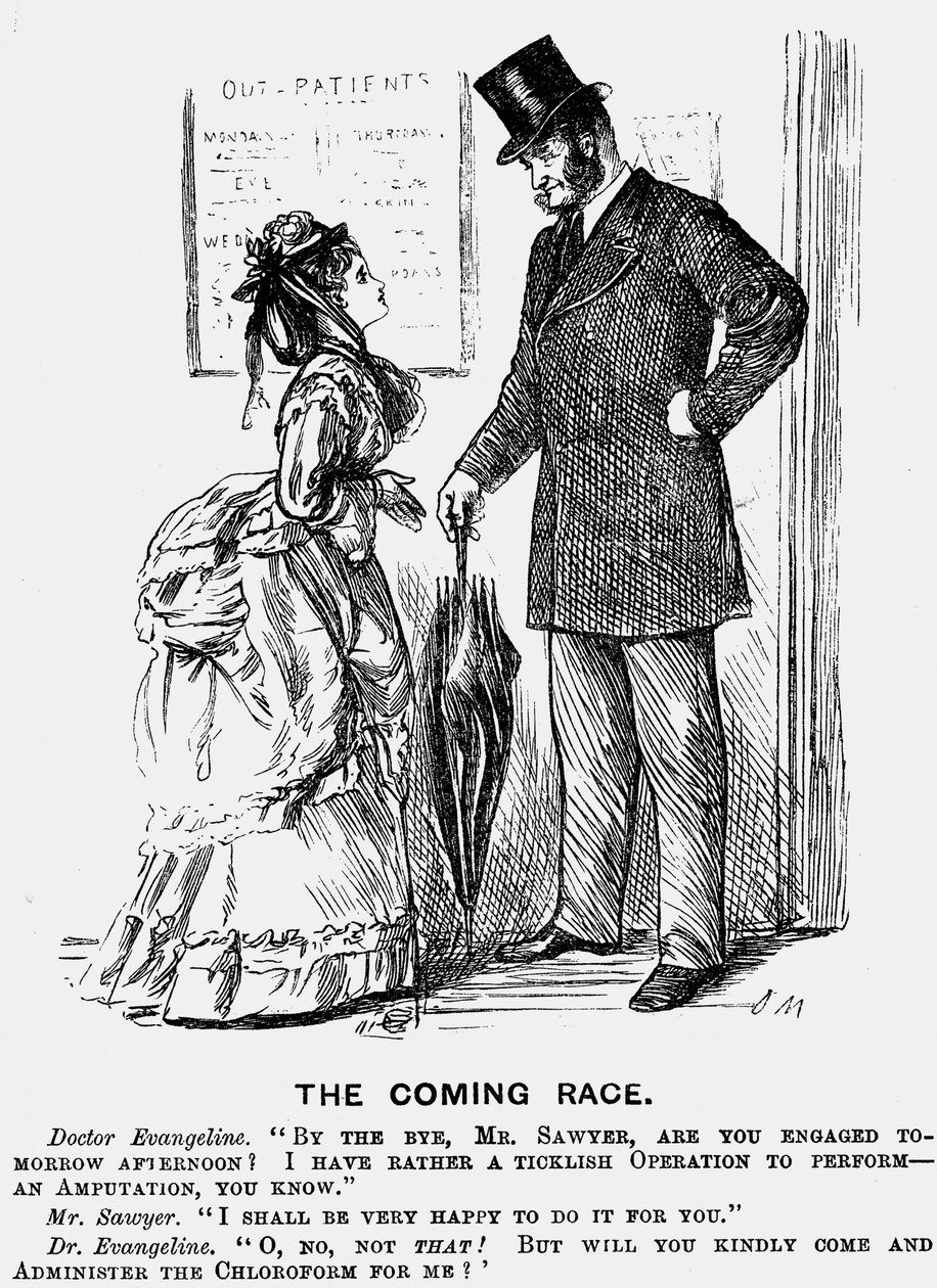 Tuleva kilpailu. Tulevaisuuden kirurgi. George du Maurierin sarjakuva Punch Londonista 14. syyskuuta 1872, jossa näkyy holhoava asenne, jota lääkintäalan naiset voisivat odottaa mieskollegoilta. Kaiverrus. tekijältä George du Maurier