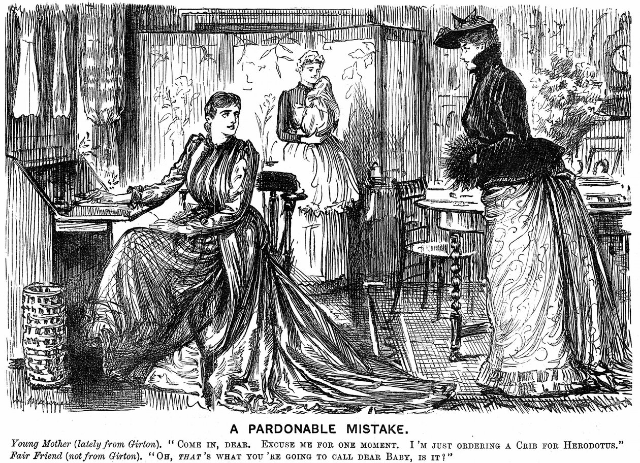 Yliopistokoulutus naisille tekee keskustelusta hämmentävän vähemmän koulutetuille ystävilleen. George du Maurier sarjakuva Punch Londonista 7. joulukuuta 1889. Kaiverrus tekijältä George du Maurier