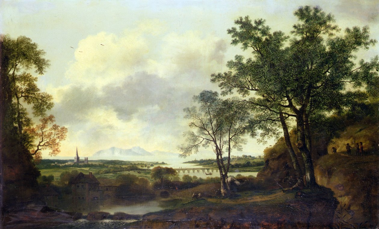 Capriccio-näkymä Chichesteriin, hahmoja ja karjaa etualalla tekijältä George of Chichester Smith