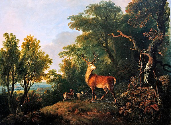 Polttarit ja kolme takakarvaa metsäisessä maisemassa (öljy paneelille) tekijältä George the Elder Barret