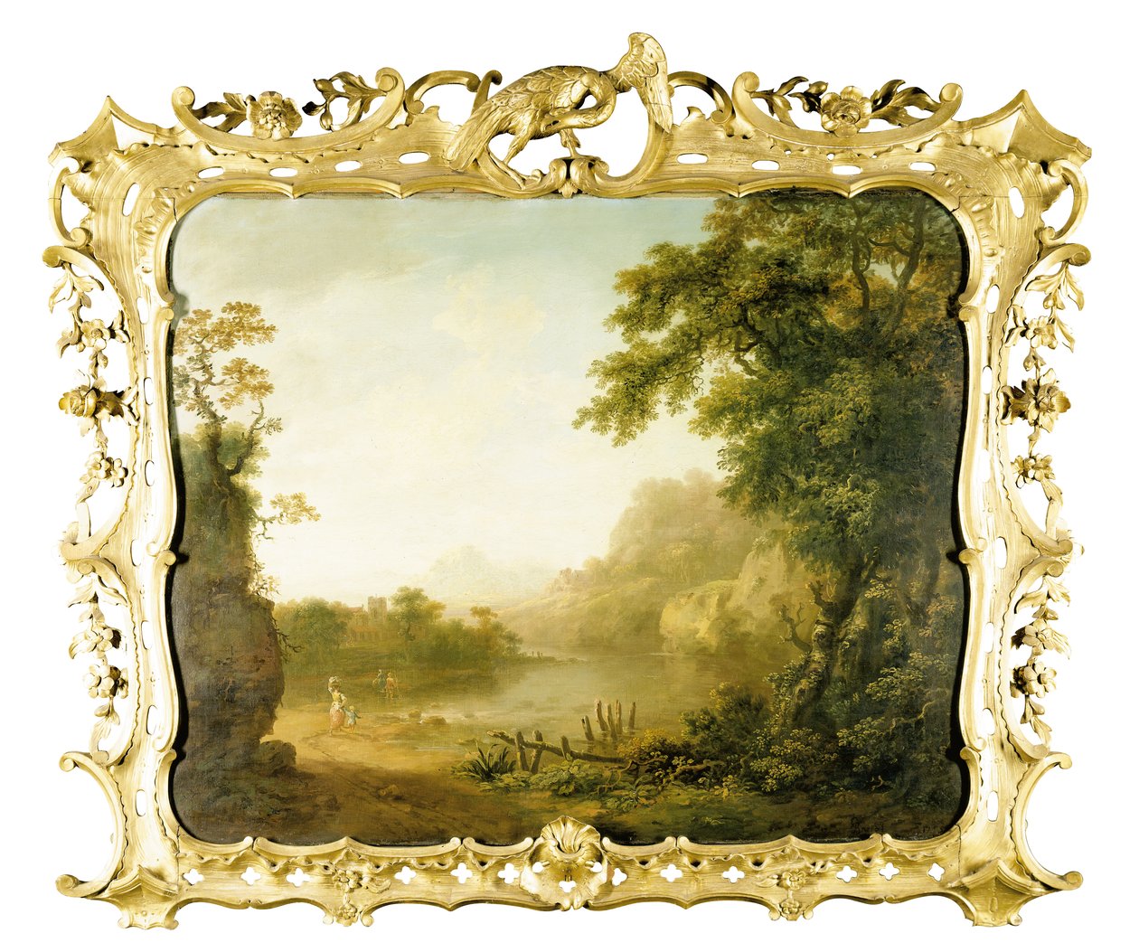 Italialainen metsäinen jokimaisema, jossa on hahmoja etualalla ja kylä takana, 1755 tekijältä George the Elder Barret