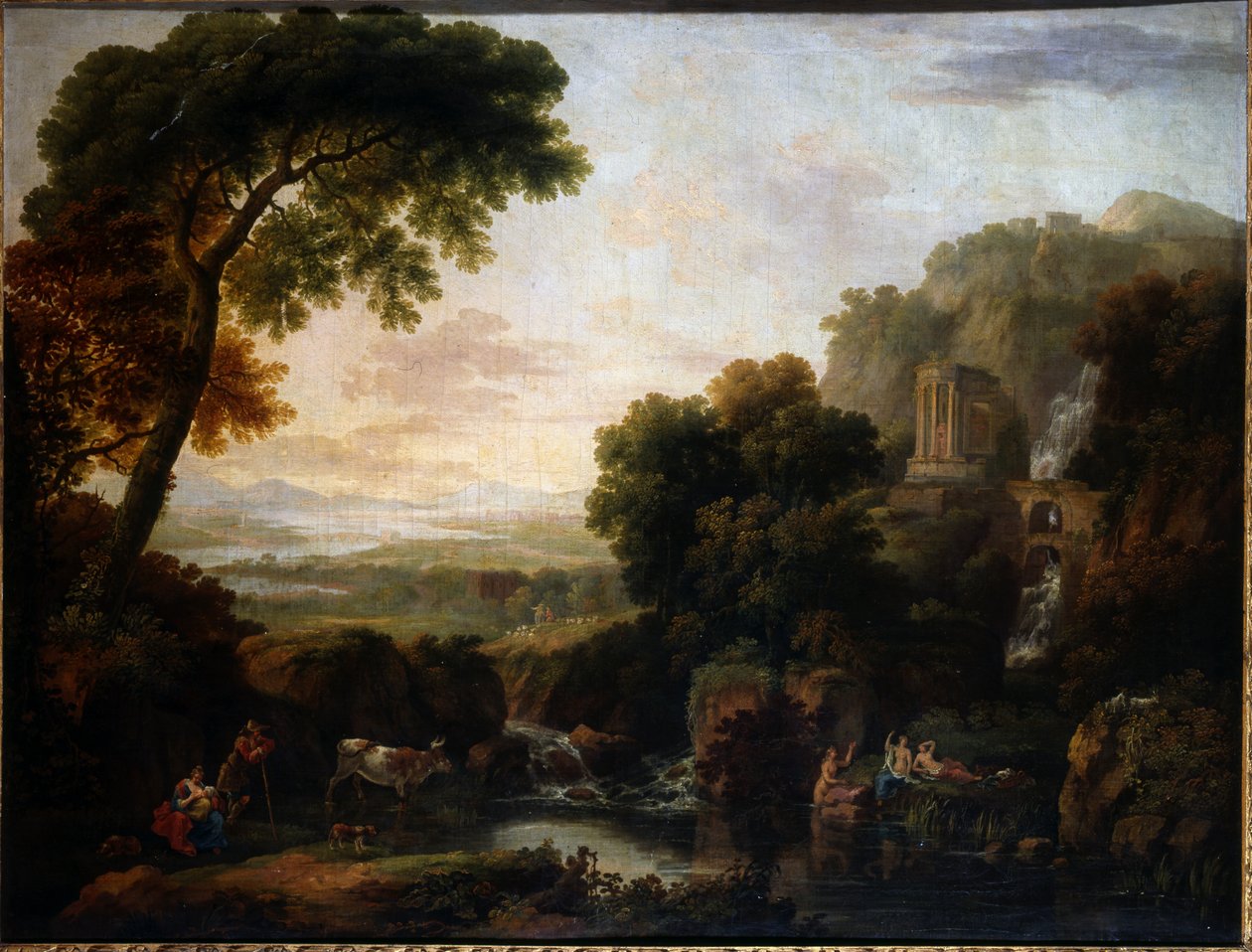 Italialainen maisema capriccio-näkymillä Tivoliin, paimeneen, paimentareen ja karjaan tekijältä George the Elder Barret