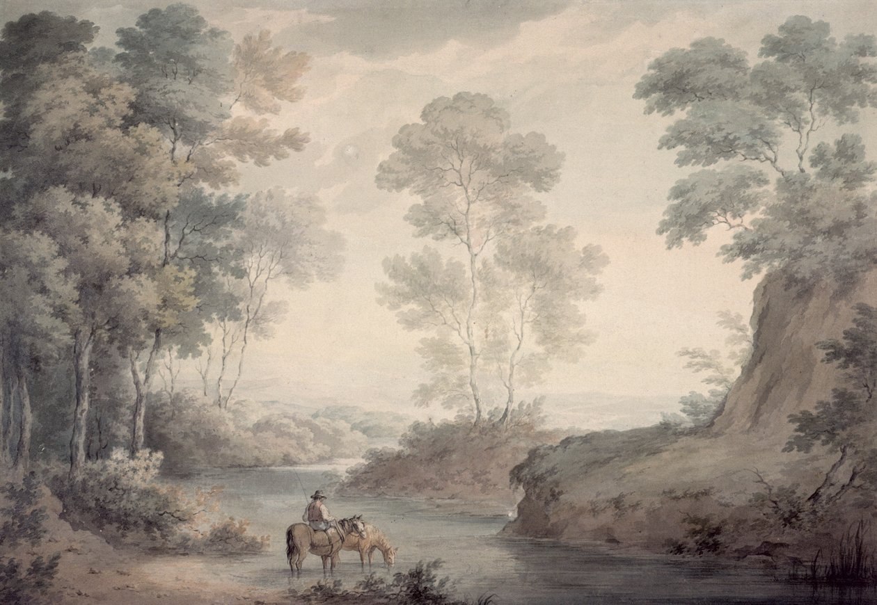 Maisema joen ja hevosten kastelulla tekijältä George the Elder Barret