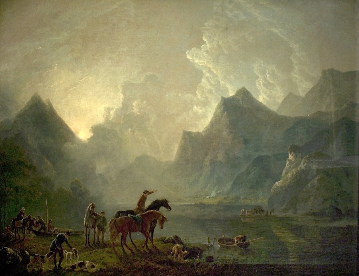 Llanberis-järvi ja Dolbadarnin linna, Pohjois-Wales, 1777 tekijältä George the Elder Barret