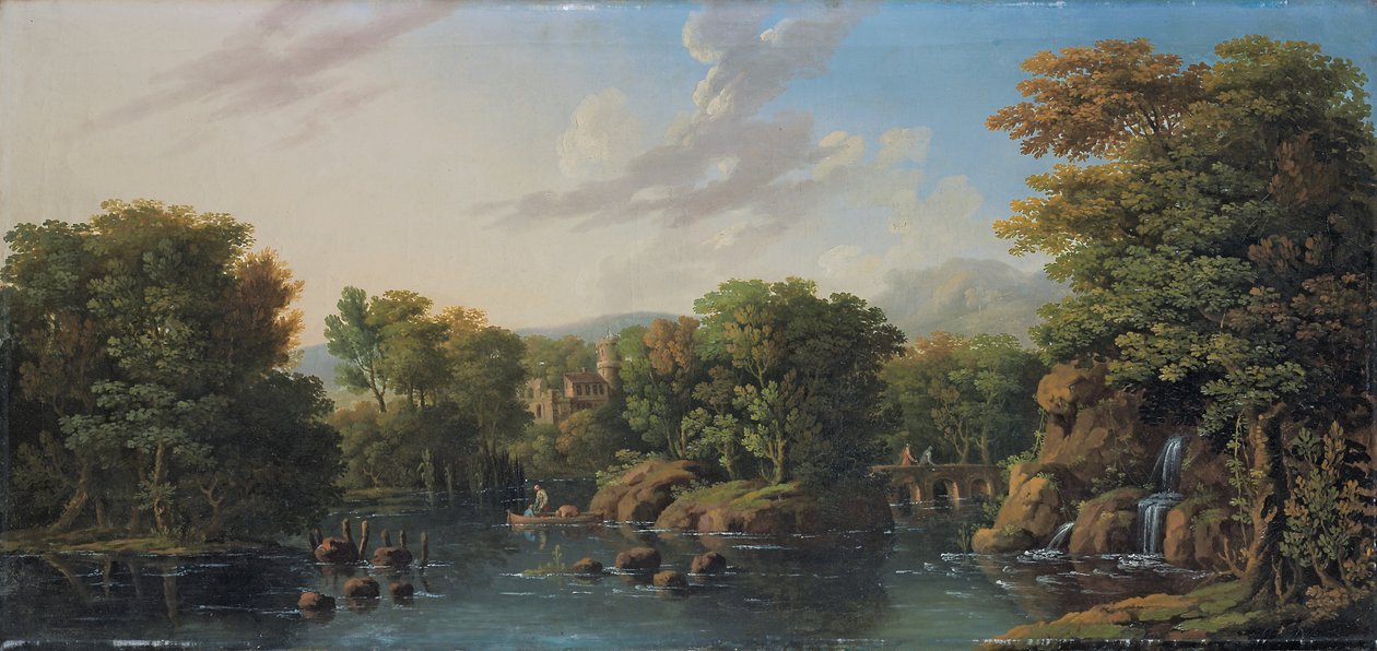 Metsäinen jokimaisema tekijältä George the Elder Barret