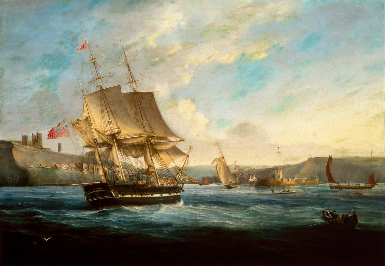 Whaler Phoenix saapumassa Whitbyn satamaan (öljy kankaalle) tekijältä George the Elder Chambers