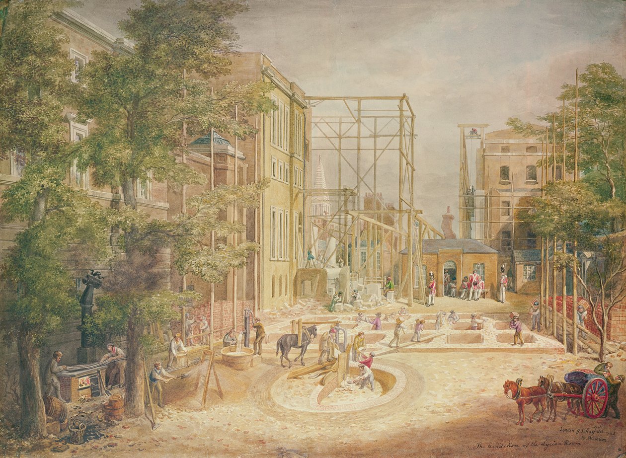 Lyykialaisen huoneen perustusten laskeminen, British Museum, 1845 (wc paperilla) tekijältä George the Elder Scharf