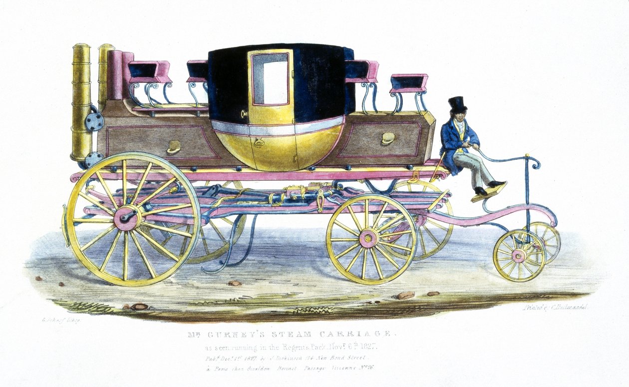 Mr. Gurneys Steam Carriage nähtynä juoksemassa Regents Parkissa, 6. marraskuuta 1827 tekijältä George the Elder Scharf