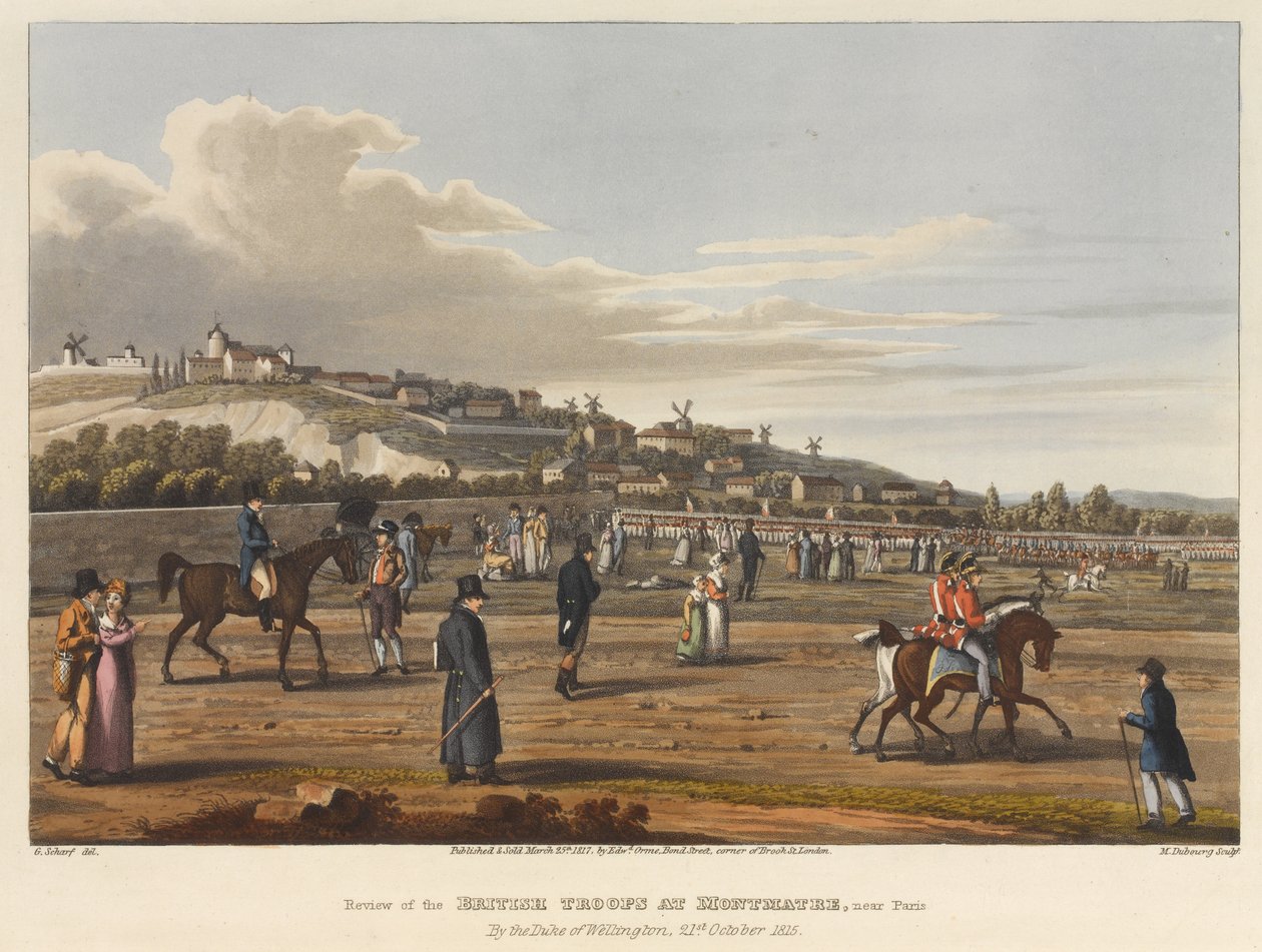 Wellingtonin herttuan katsaus brittijoukoista Montmatressa [sic], lähellä Pariisia, 21. lokakuuta 1815, kaiverrus M. Dubourg, 1819 (värillinen akvatinta) tekijältä George the Elder Scharf