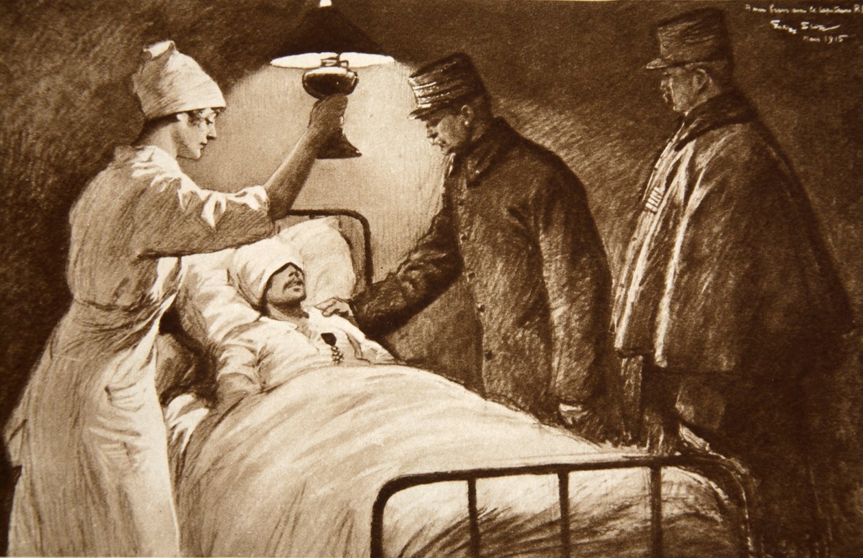 Kunnialegioonan chevalier: haavoittunut ranskalainen kapteeni, jolle on tulossa vaarallinen operaatio, kenraalinsa koristama kenttäsairaalassa "The Illustrated War Newsista" tekijältä Georges Bertin Scott