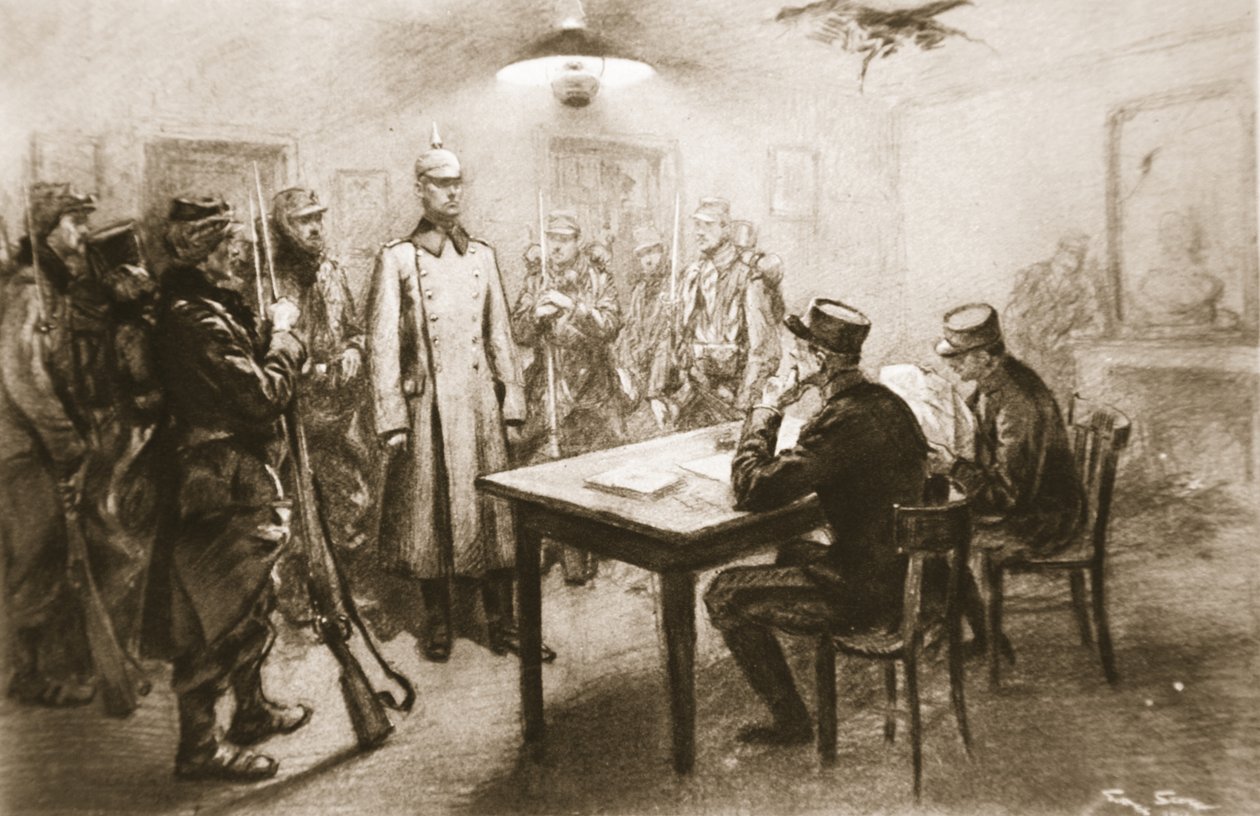 "Armeijajoukon muodostaminen olkahihnoista": vangittua saksalaista upseeria, jota ranskalaisen kenraaliesikunnan jäsenet tutkivat "The Illustrated War Newsista" tekijältä Georges Bertin Scott