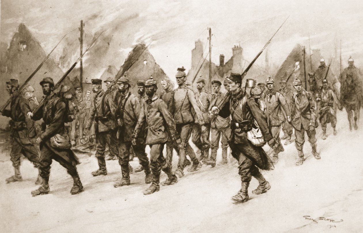 Jokainen lenkki vihollisen joukkojen todisteiden ketjussa: saksalaiset vangit ranskalaisen vartijan alaisuudessa, "The Illustrated War News" tekijältä Georges Bertin Scott