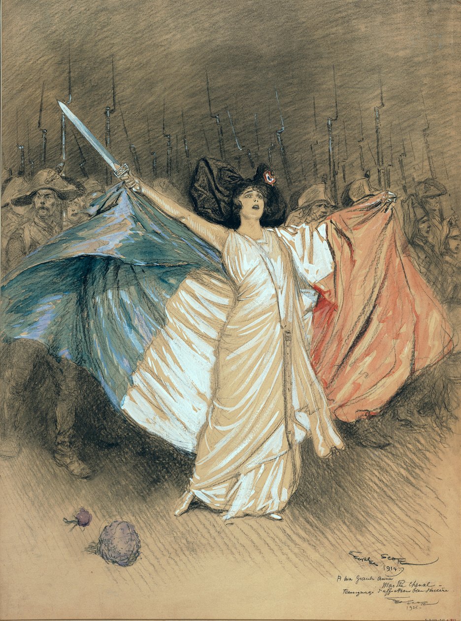 Marthe Chenal (1881-1947) laulaa "La Marseillaise", 1914 (kynä ja wc paperilla) tekijältä Georges Bertin Scott
