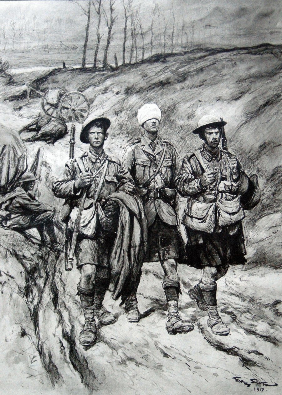 Skotlantilaiset sotilaat auttamassa haavoittuneita upseeriaan, 1917 tekijältä Georges Bertin Scott