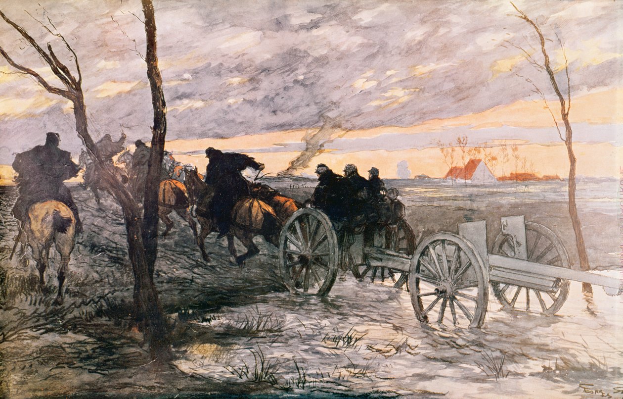 Auringonlasku Yserin laaksossa: 75 tykki, joka pyörii strategiseen asemaan, n. 1914 tekijältä Georges Bertin Scott