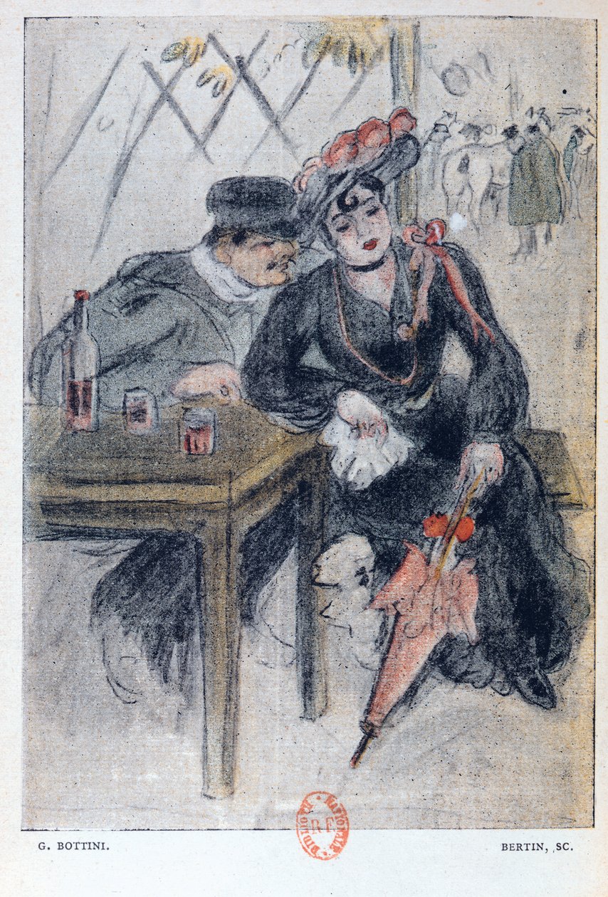 Prostituoitu ja hänen asiakkaansa, kuvitus Jean Lorrainin (1855-1906) La Maison Philibertistä, julkaistu vuonna 1904 tekijältä Georges Bottini