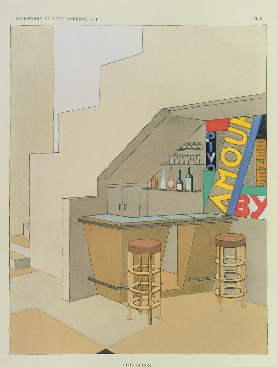 Suunnittelu pieneen baariin, ranskalaisesta sisustussuunnittelujulkaisusta, jossa on 200 vedosta, n. 1928-29 (pochoir print) tekijältä Georges Djo Bourgeois