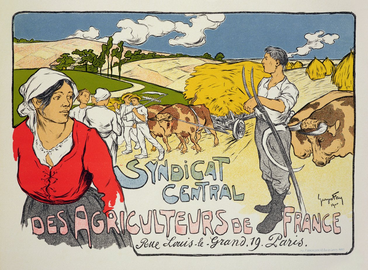 Jäljennös julisteesta, joka mainostaa Ranskan maanviljelijöiden keskussyndikaattia, 1900 tekijältä Georges Fay