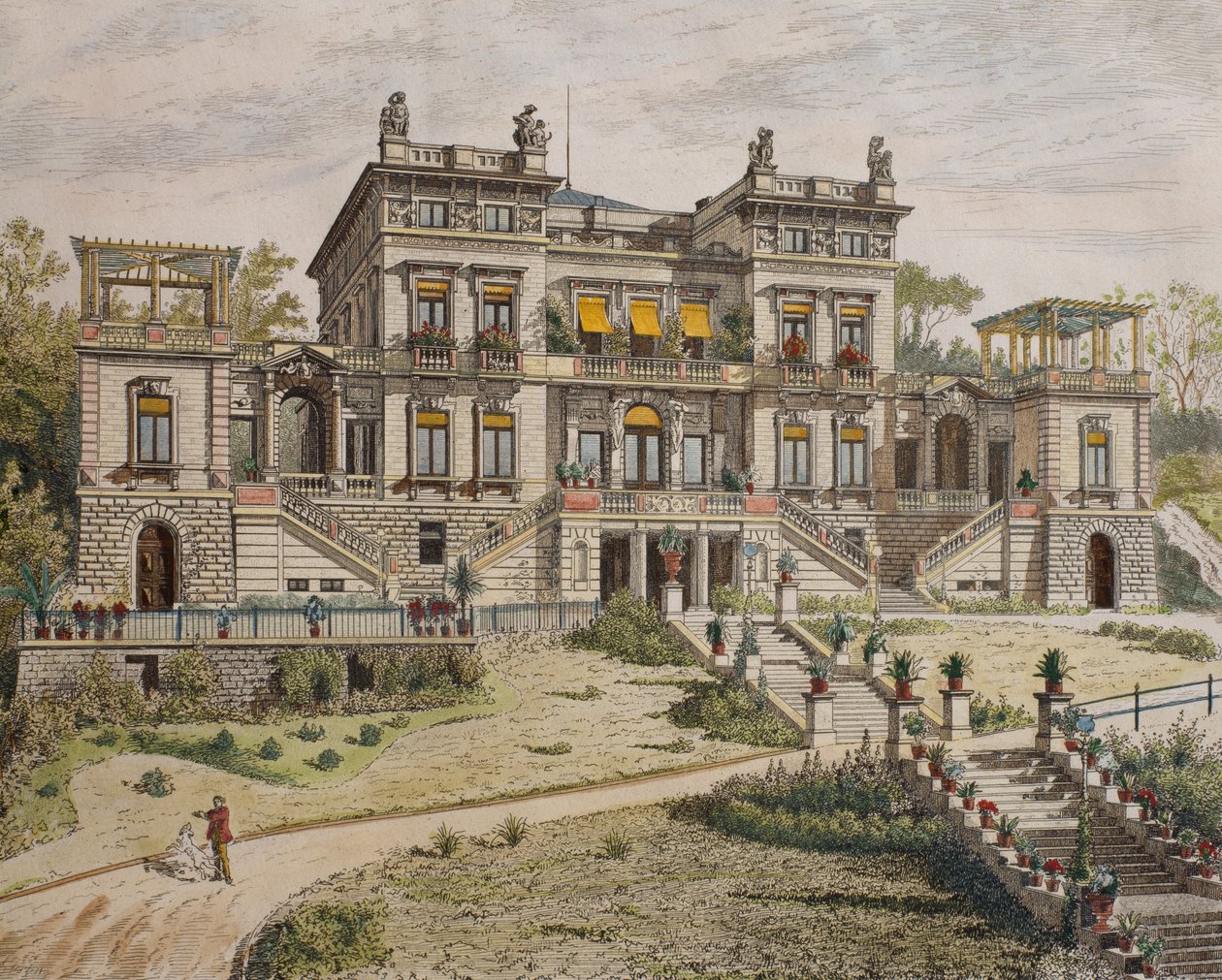 Linna lähellä Stuttgartia, puutarhan edessä, kuvitus teoksesta "Le Moniteur des architectes", 1881 (värikaiverrus) tekijältä Georges Felix Garen