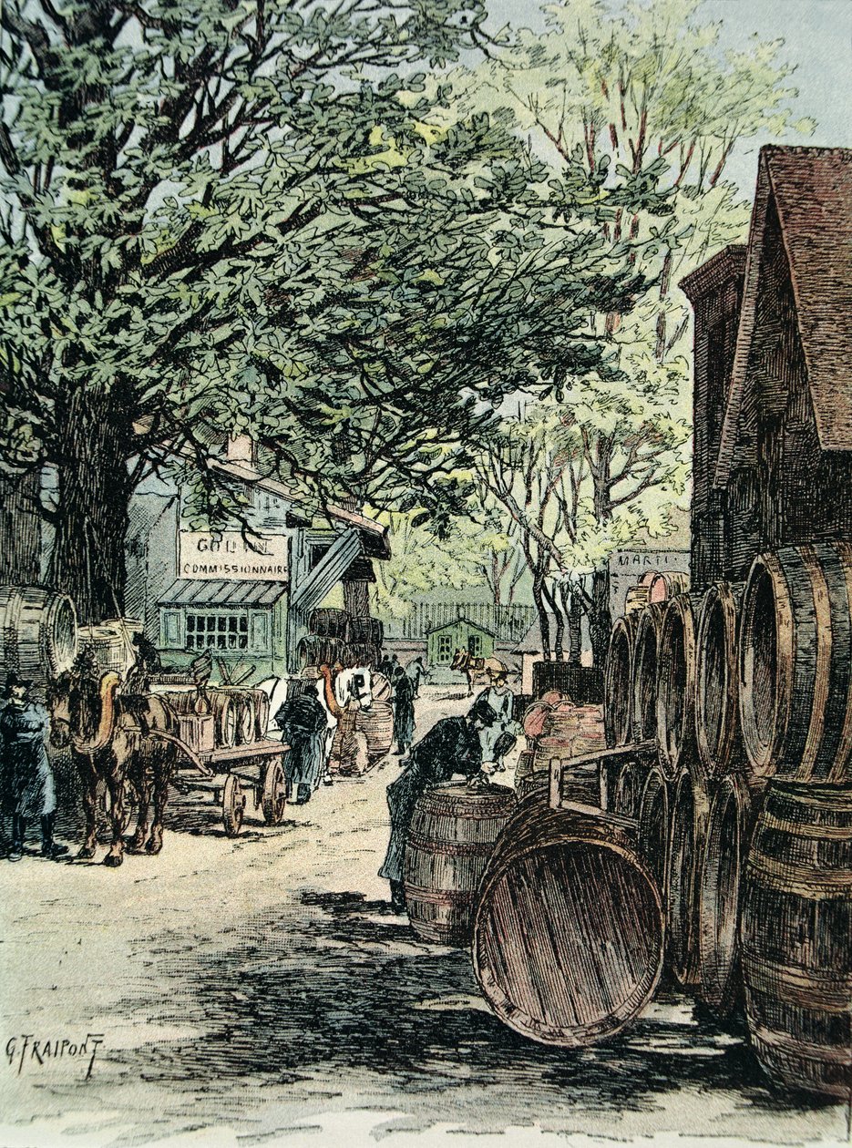 Viinivarastot Bercyssä Pariisissa, 1890 (värikaiverrus) tekijältä Georges Fraipont