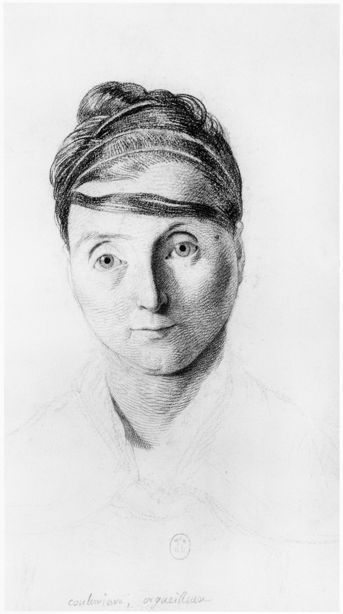 Ylpeä ompelija, kuva edestä, kuvitus Jean Etienne Dominique Esquirolin (1772-1840) julkaisemattomasta tutkielmasta Salpetrieren turvapaikan hulluista, n. 1818 tekijältä Georges Francois Gabriel