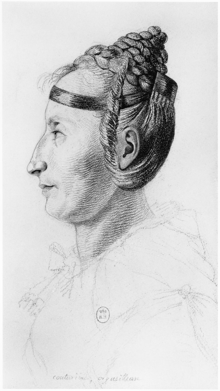 Ylpeä ompelija, profiili, kuvitus Jean Etienne Dominique Esquirolin (1772-1840) julkaisemattomasta tutkielmasta Salpetrieren turvapaikan hulluista, n. 1818 tekijältä Georges Francois Gabriel
