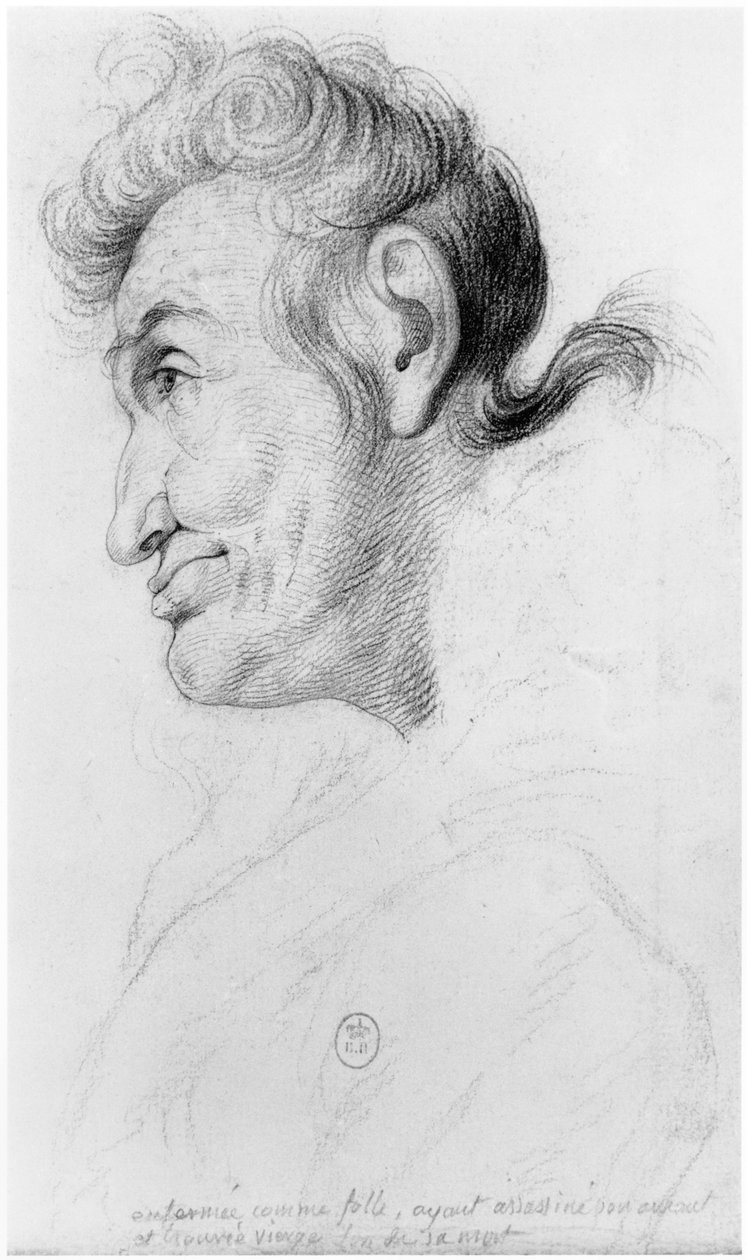 Lukittu hulluksi, murhannut rakastajansa ja löytänyt neitsyen tämän kuollessa, kuvitus Jean Etienne Dominique Esquirolin (1772-1840) julkaisemattomasta tutkielmasta Salpetriere a:n hulluista. tekijältä Georges Francois Gabriel