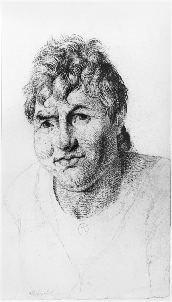Melankolinen, kuvitus Jean Etienne Dominique Esquirolin (1772-1840) julkaisemattomasta tutkielmasta Salpetrieren turvapaikan hulluista, n. 1818 tekijältä Georges Francois Gabriel