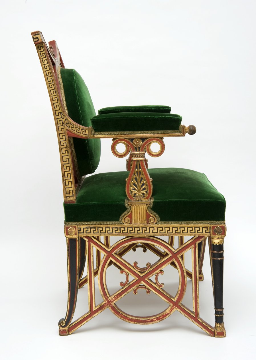 Fauteuil, n.1785-90 (pehmeä puu, kultaus ja vihreä sametti). tekijältä Georges Jacob