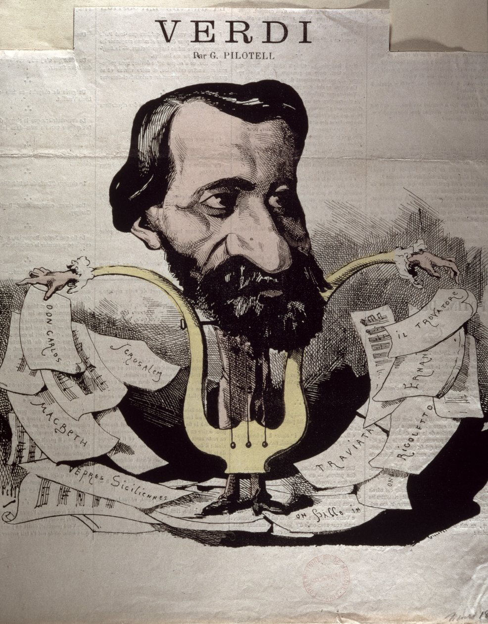 Giuseppe Verdi (1813-1901), karikatyyri, 1860-luku tekijältä Georges Labadie Pilotell