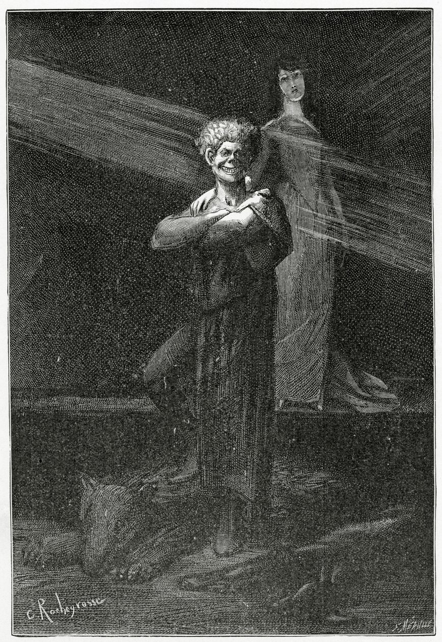 Kaaos voitettu - kuvitus elokuvasta The Laughing Man, 18th Century (bw-kaiverrus) tekijältä Georges Marie Rochegrosse