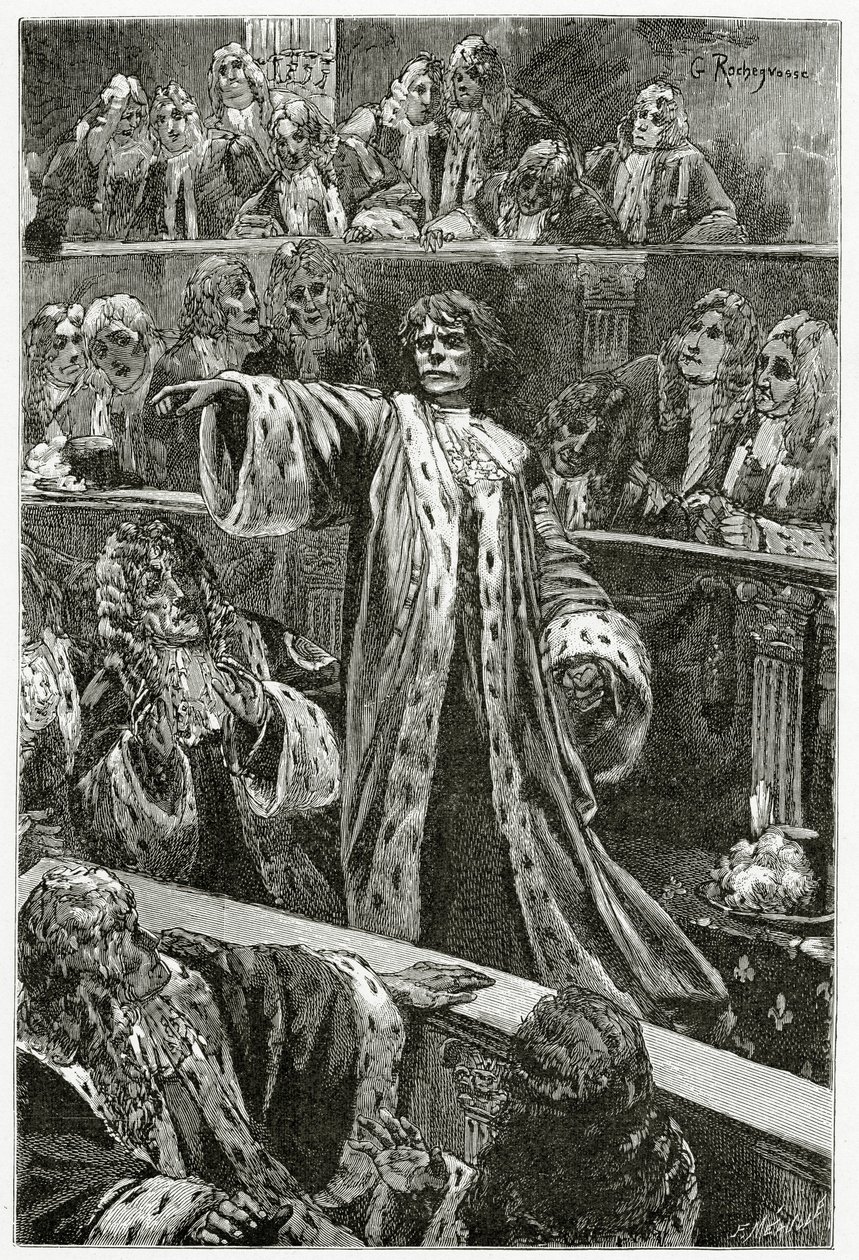 Gwynplaine at the Chamber of Lords - kuvitus L’Homme qui ritista, 1800-luku (bw-kaiverrus) tekijältä Georges Marie Rochegrosse