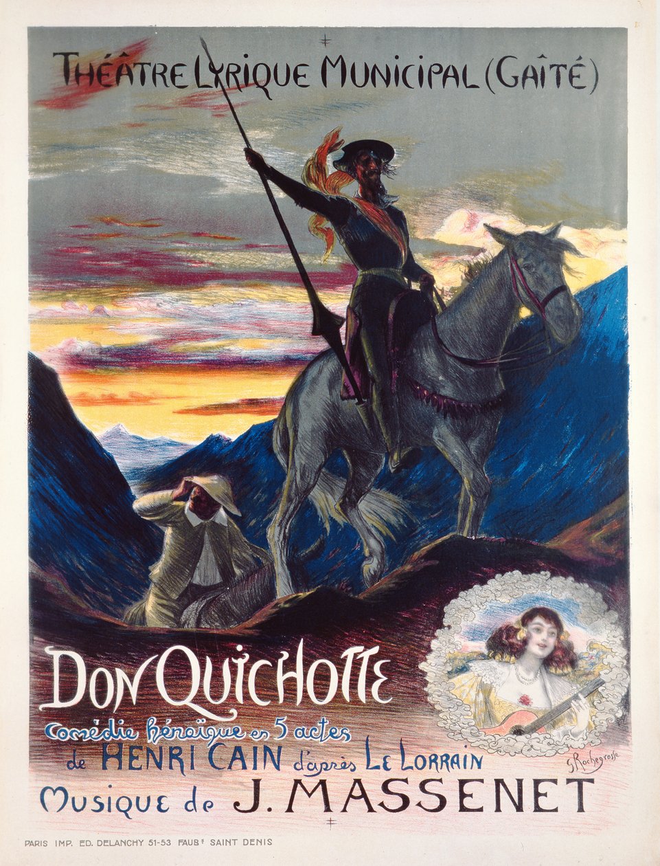 Juliste, joka mainostaa oopperan Don Quichotte ensiesitystä Monte Carlon yaite-Lyrique-teatterissa 19. helmikuuta 1910. tekijältä Georges Marie Rochegrosse