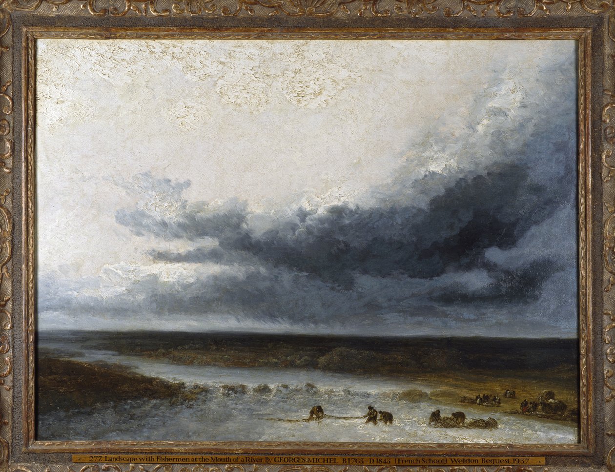 Maisema, jossa on kalastajia joen suulla tekijältä Georges Michel