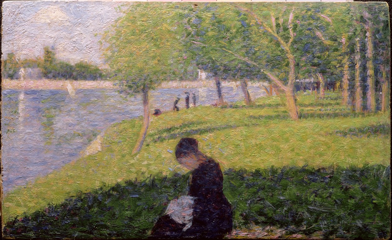 Ompelijatar, tai Sunnuntai Grande Jatten saarella, opinnäytetyö "Sunnuntai-iltapäivä La Grande Jatten saarella", noin 1884-6 (paneeli) (ks. myös 415). tekijältä Georges Seurat