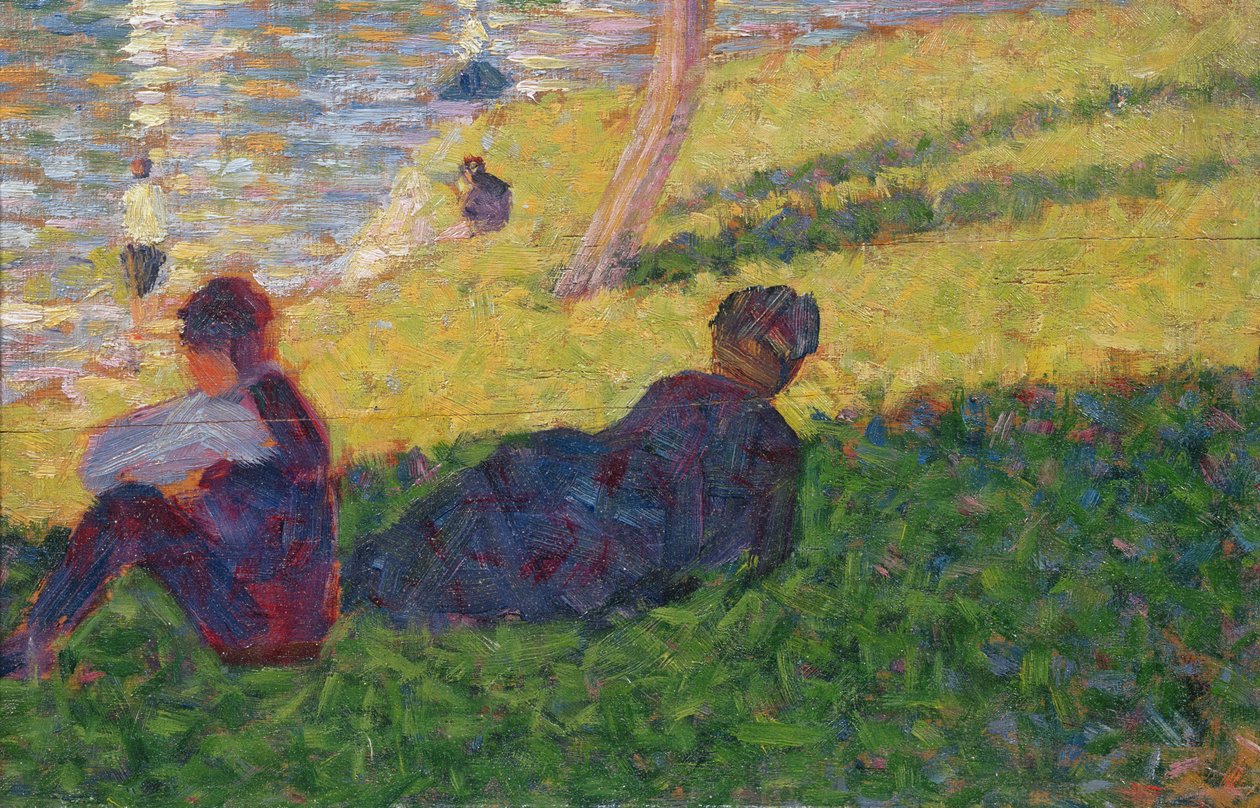 Istuva mies ja makuuasennossa oleva nainen, opiskelu sunnuntai-iltapäivälle La Grande Jatten saarella, 1884 tekijältä Georges Seurat
